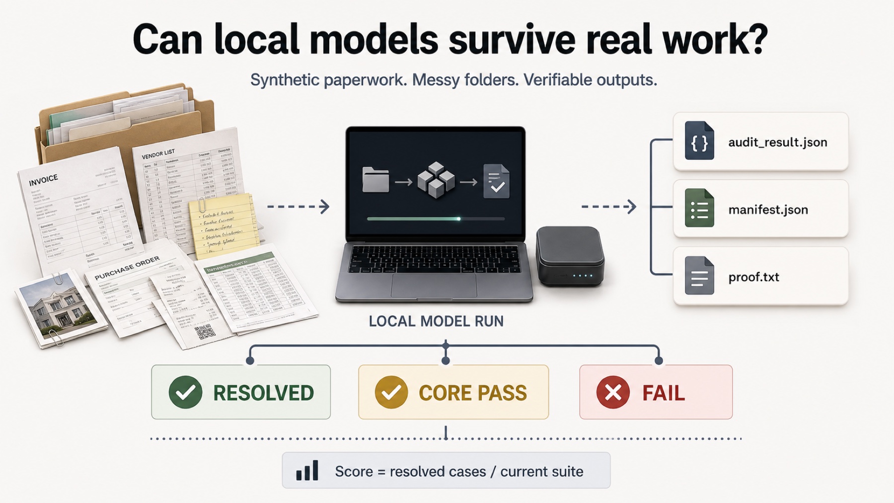 Infographic explaining the Local Model Bench workflow from synthetic documents to model artifacts and resolved, core pass, or fail outcomes